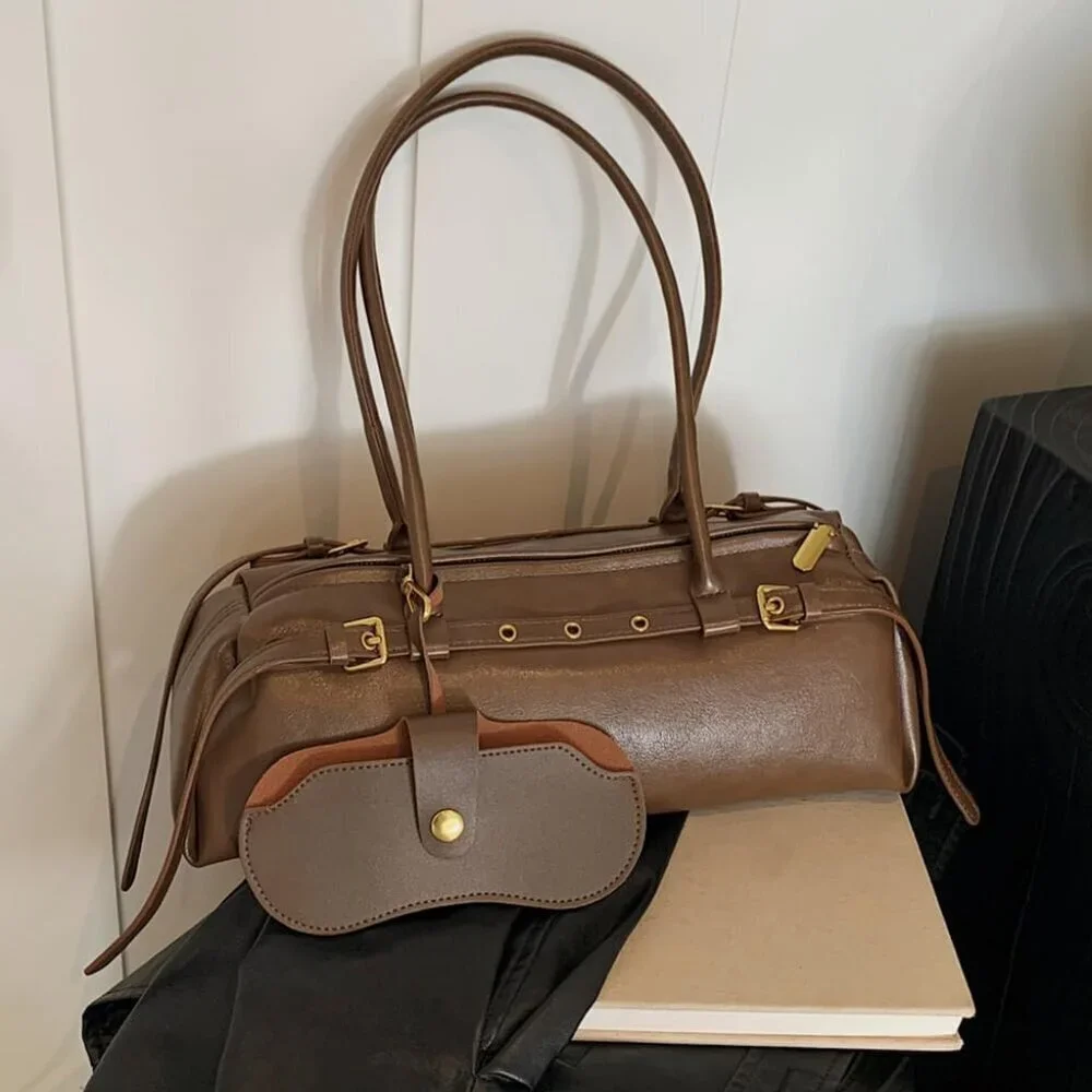 Wome'ns Brown PU Leather Tote Bag Casual Bowling Bag Purse Retro Underarm